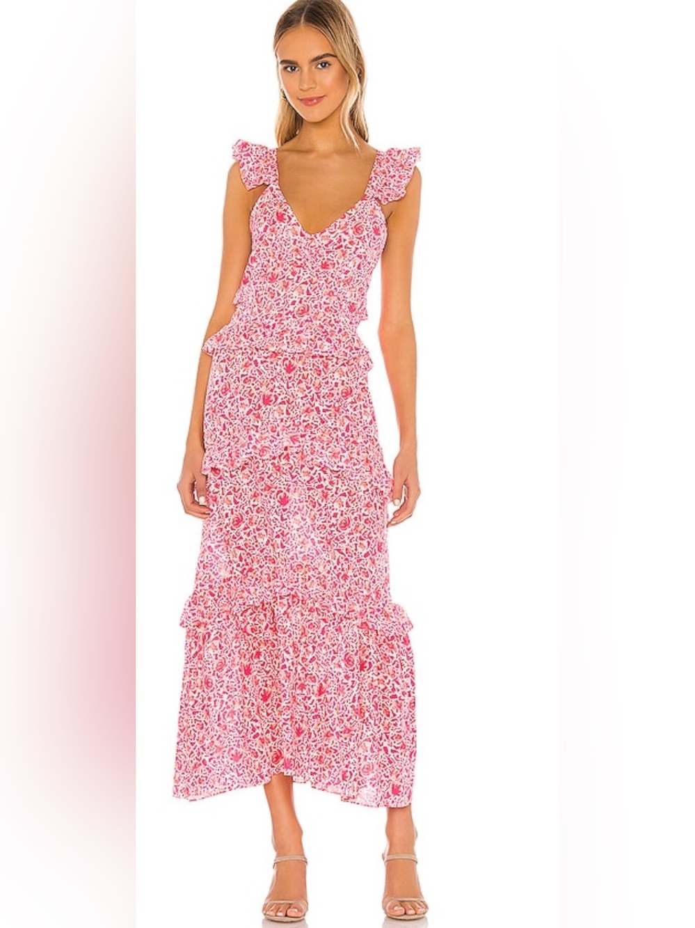 MISA Los Angeles Pink Floral Ruffle Midi Dress NWOT‎ Size M